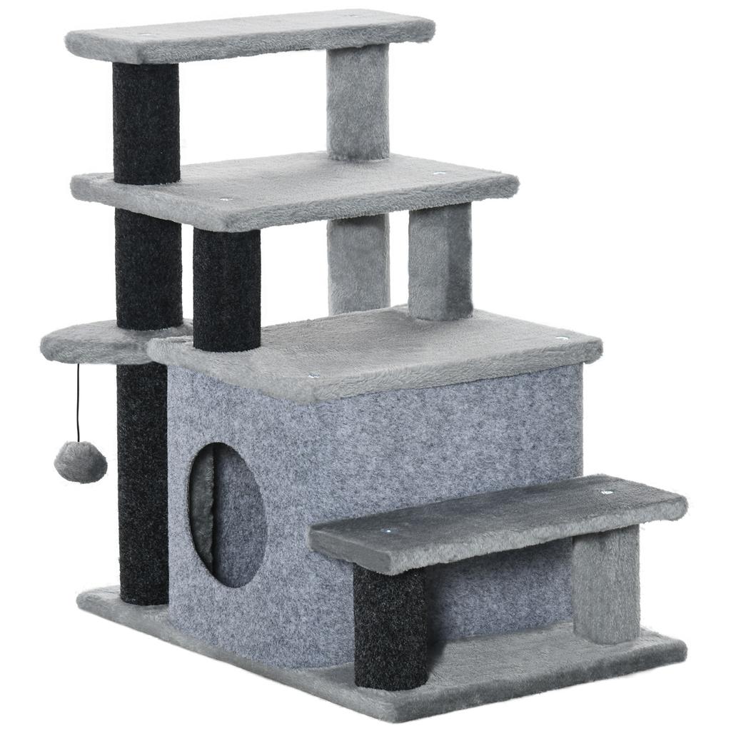 Adjustable Cat Steps, with House & Hanging Toy Ball - Grey