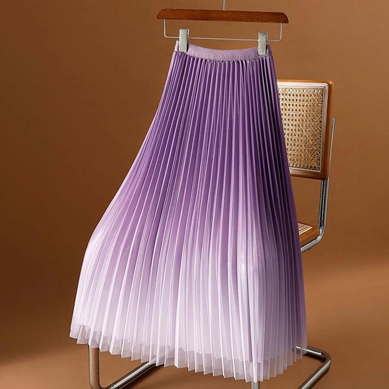 Eleganckie tiulowe spódnice midi damskie spódnice midi z siateczki gradientowej Streetwear koreańskie spódnice z wysokim stanem elastyczne dopasowane spódnice w kształcie litery A
