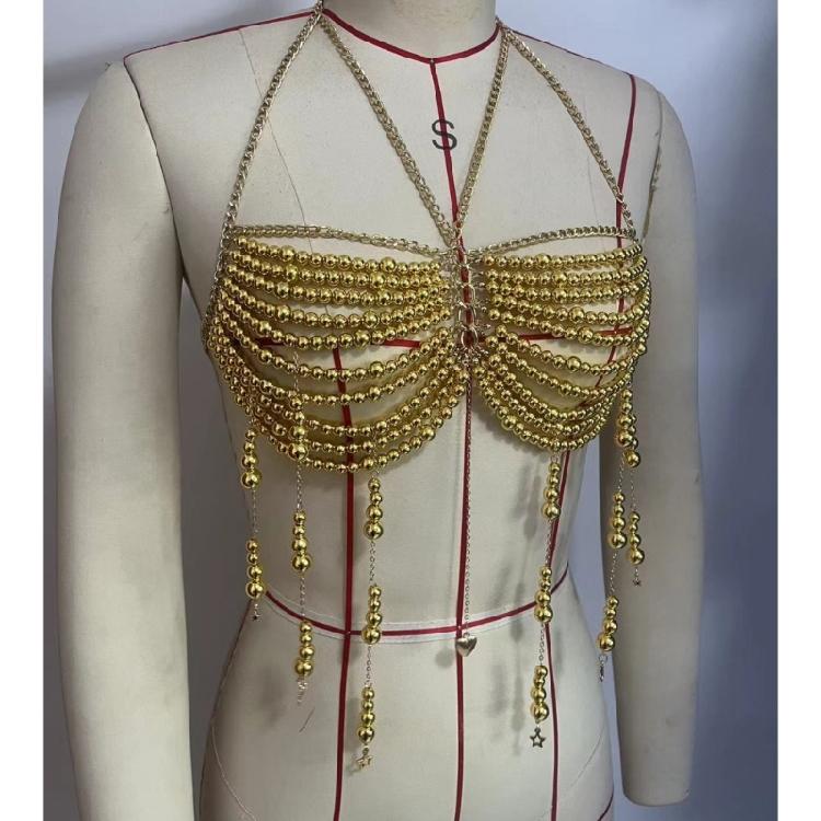 Beaded Body Chain Bra Multilayer Beads Chest Chains Body Accessories Jewelry for Women Girls Nightclub Raves Body Jewel