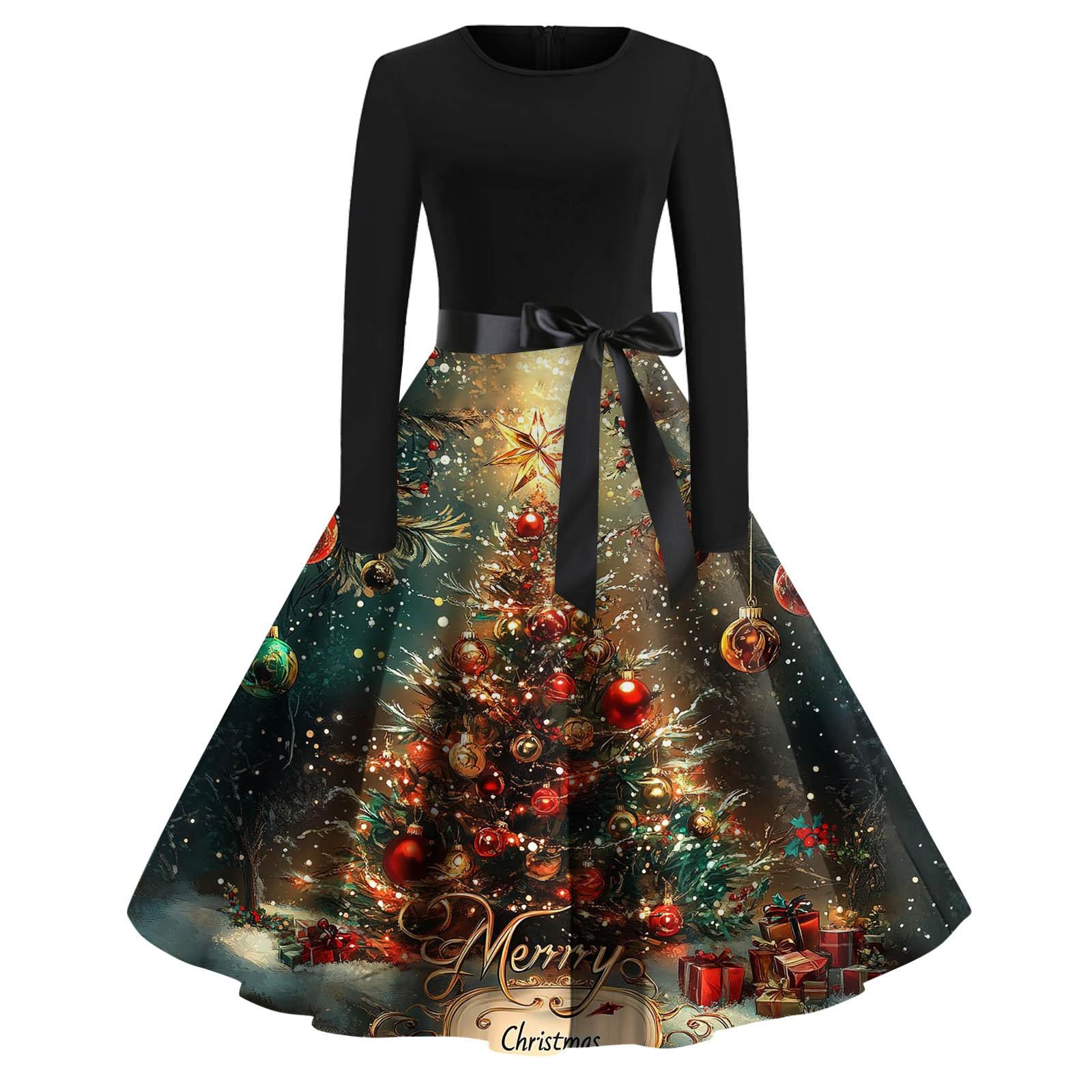 

Женские повседневные модные длинные платья с рождественским графическим принтом и длинными рукавами в винтажном стиле XL золотой