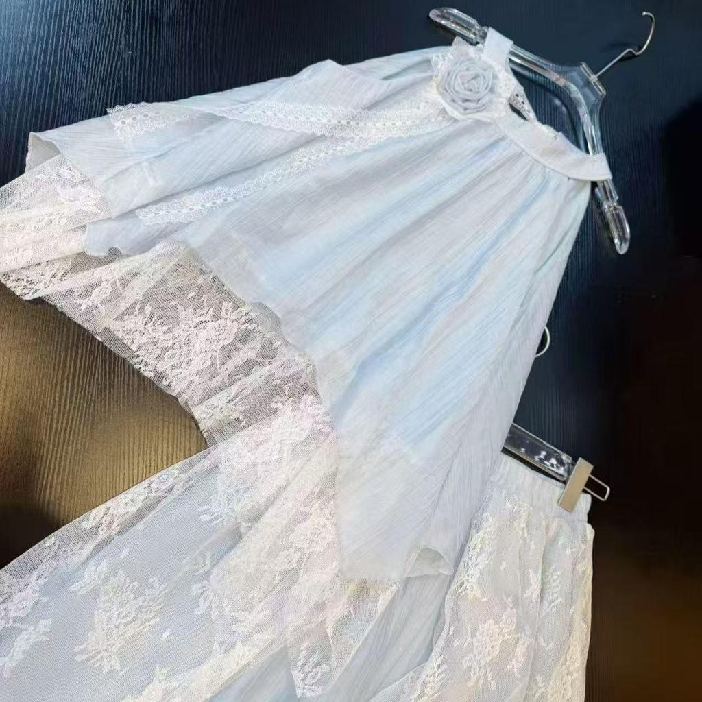 Mint Sleeveless Lace Spliced Halter Top & Skirt Summer Two-Piece Set