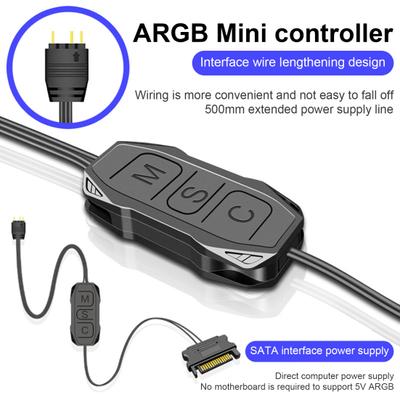 AR-1 ARGB-Controller, verlängertes Kabel, breite Kompatibilität, 3-poliges auf SATA-Pin-Netzteil, schwarzer Mini-RGB-Controller