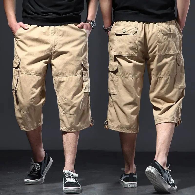 Mens Cargo Shorts Casual Half Pants Elastic Waist Summer Camo Shorts Sports Running Hiking Multiple Pockets Male Knee Pants