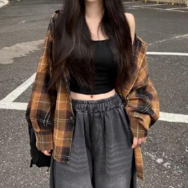 Korean Chic Early Autumn Loose Hooded Plaid Long Sleeved Shirt for Women