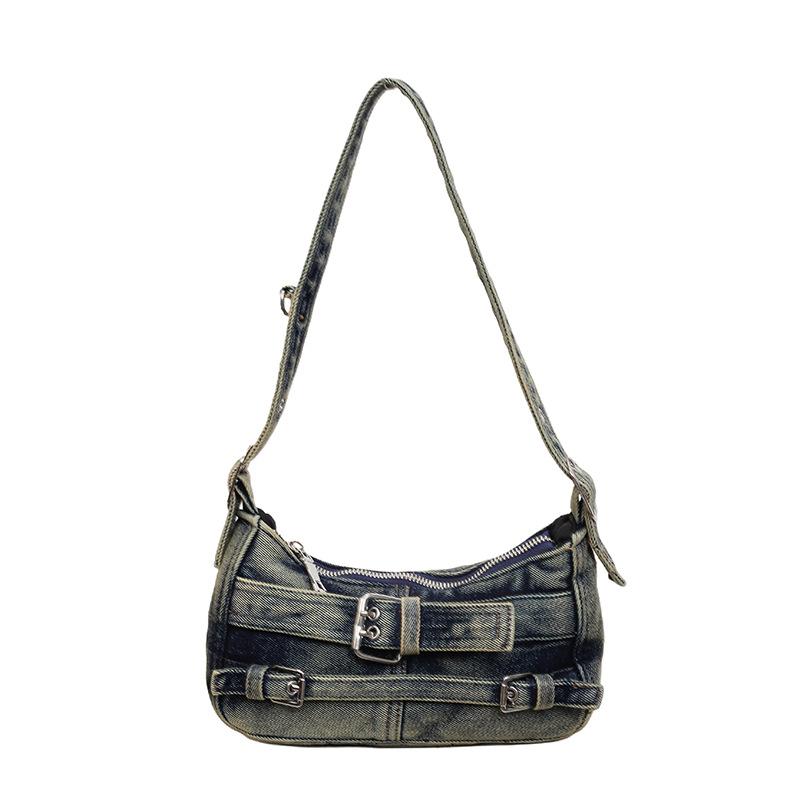 Y2K Washed Denim Shoulder Bag with Buckle Detail Zipper Closure Casual Underarm Purse for Daily Use