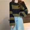 Imitation mink splicing striped contrasting color knitted sweater women's clothing autumn new soft waxy design sense retro loose sweater women