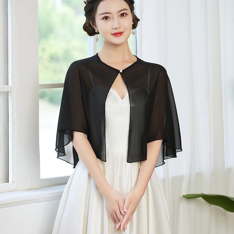 Elegant 2025 Chiffon Pearl Shawl for Summer: Women's Sun Protection Cape & Bridal Bridesmaid Accessory