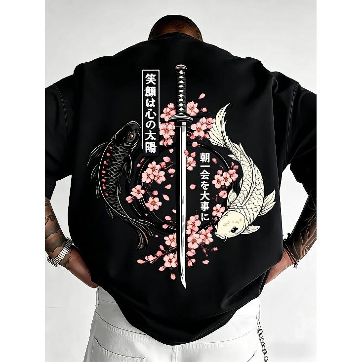 Felpa Grafica Giapponese con Pesce Koi e Katana da Uomo, Pullover a Manica Lunga con Girocollo e Stampa di Fiori di Ciliegio, Morbida Miscela di Cotone per Streetwear Casual