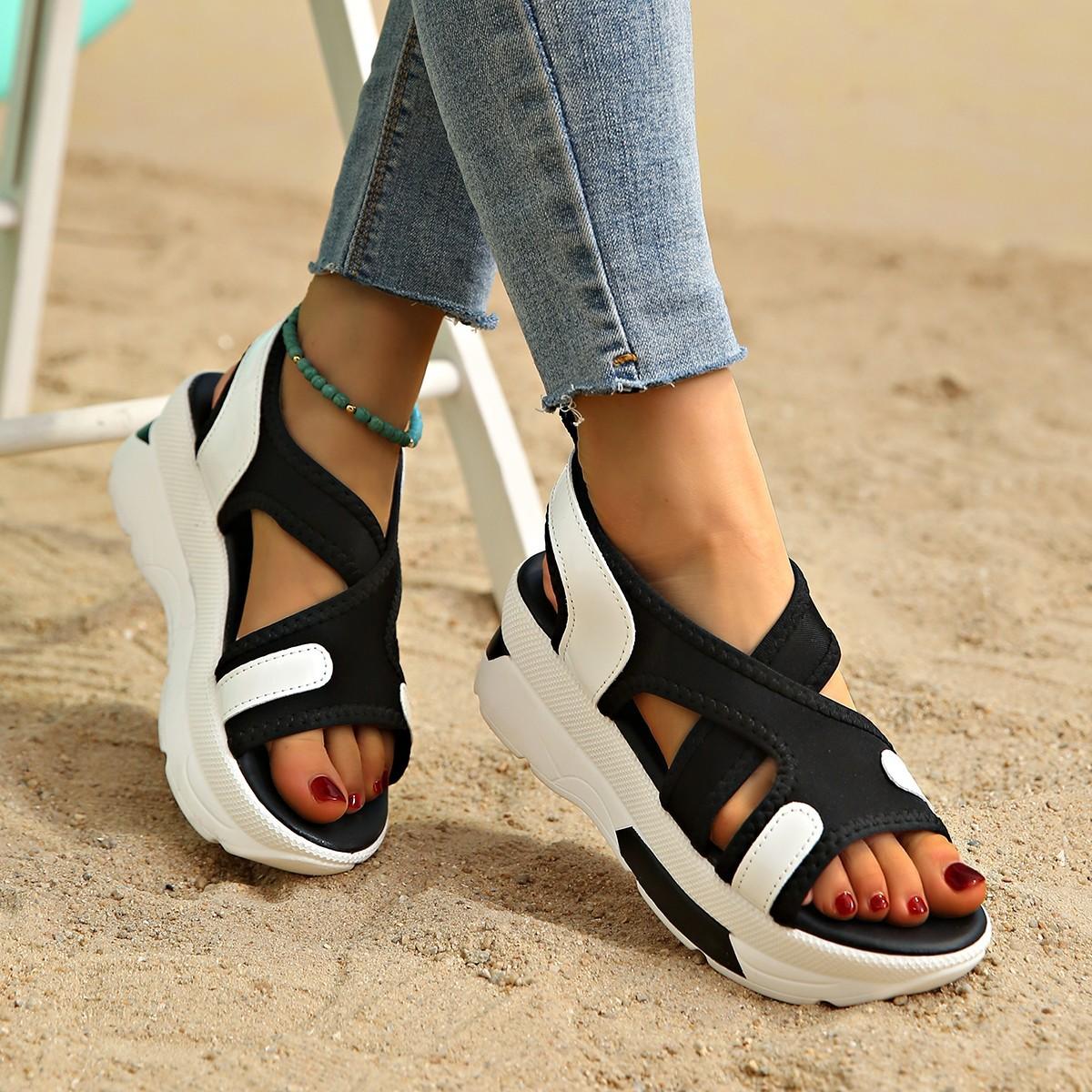 

2025 summer new platform-soled sports-style sandals women s large-size outer wear fashion color matching open-toed cross-strapped sandals women 41 чорний