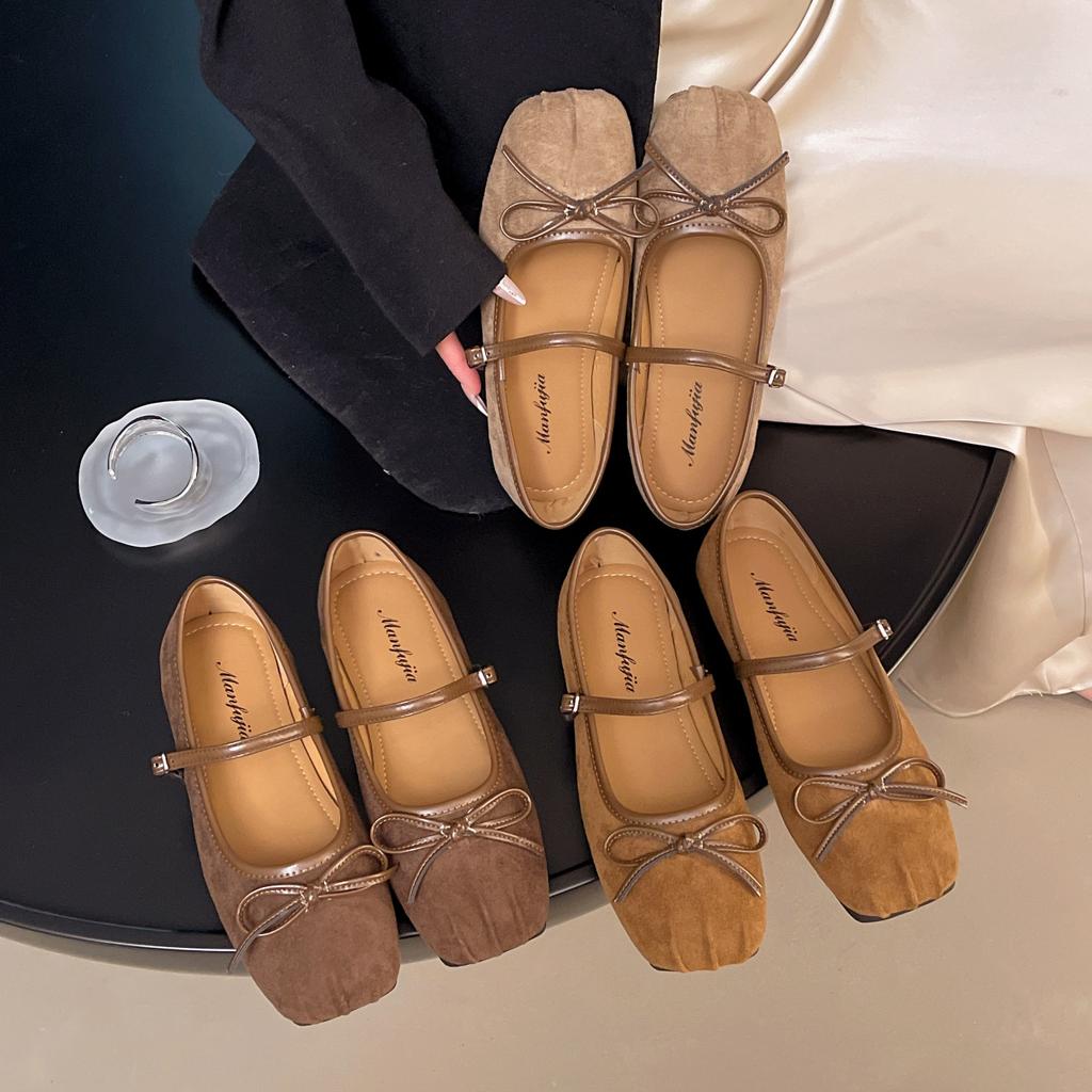 French retro Mary Jane shoes women's 2025 spring new versatile evening bow square head shallow mouth flat sole shoes