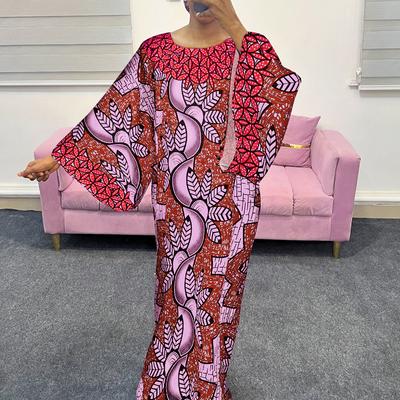 Women Plus Size Round Neck Bat Long Sleeve Print Dresses
