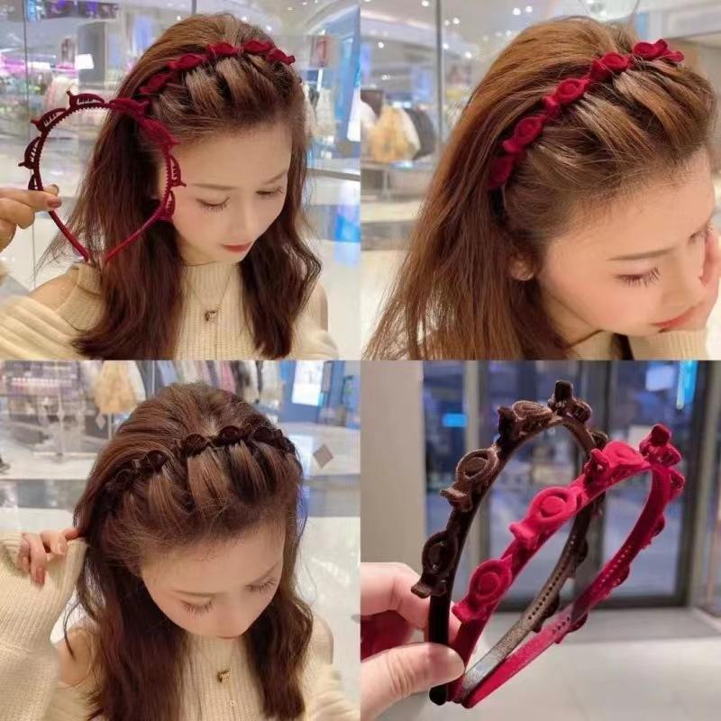 1 Piece Hair Accessories With Clip Ring Fashion Double-Band Hairband Flocked Non-Slip Braided Hair Decorative Hairpin Hairband