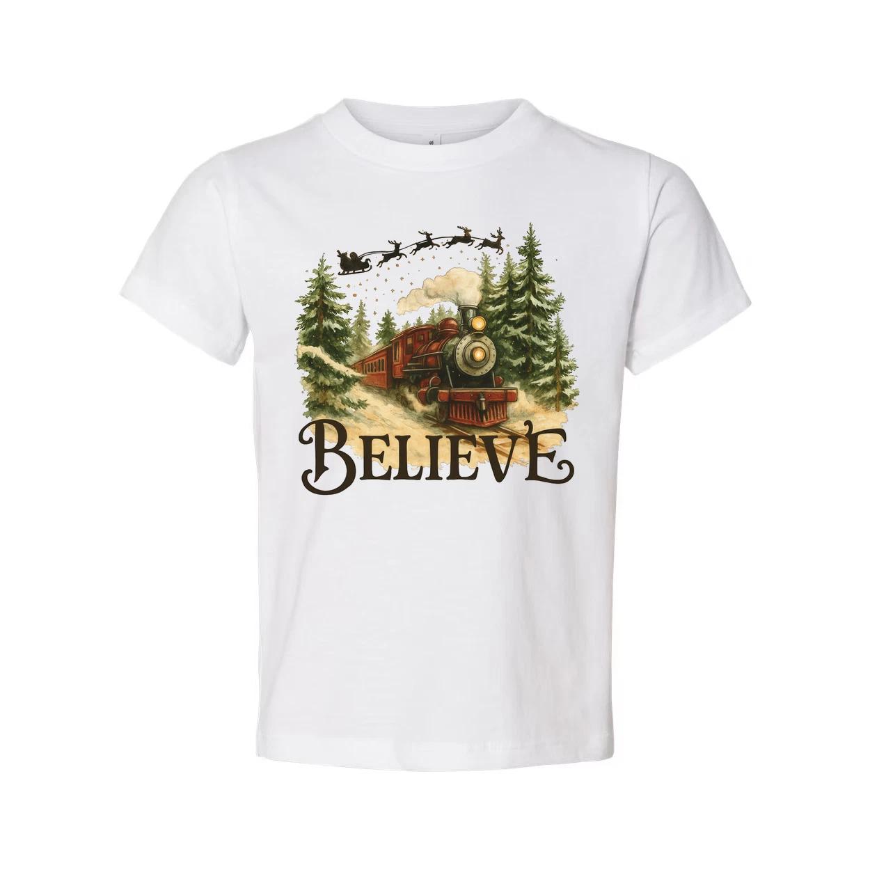 

Believe Christmas Train Graphic T Shirt With Vintage Steam Engine In Forest Scen XL