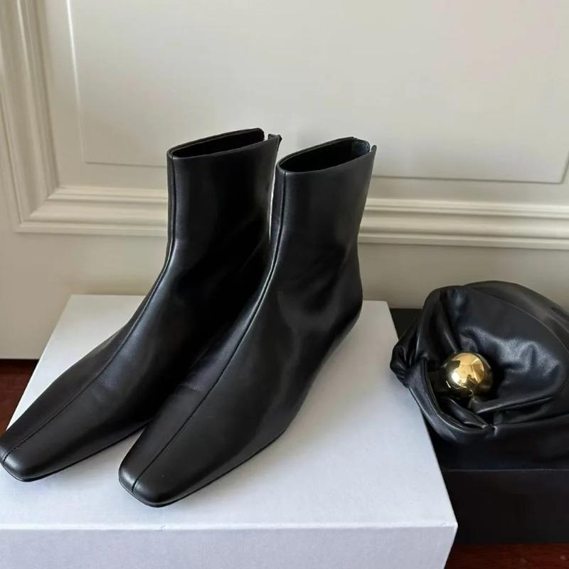 Leather Boots Women Autumn Winterblack Ankle Boots New Velvet Back Zipper Square Head Skinny Shoes Womens Low Heeled Short Boots