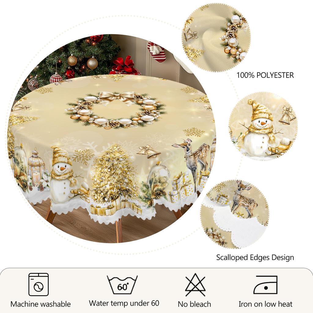 1 Stück Tischdecke mit fröhlichem Weihnachtsthema, goldfarben bedruckt, mit Schneemännern, Rentieren, Weihnachtsbäumen und Kranzmotiven, geeignet für Weihnachten, N