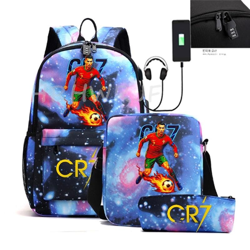 Sports Casual CR7 Backpacks 3pcs Simple Lightweight Capacity Teens Laptop School Bags Women Men Travel USB An-ti Lock Mochilas