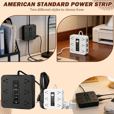 Multiprise multifonction avec protection contre les surtensions, dotée de 12 prises AC, de 2 ports USB-C et de 2 ports USB-A. Comprend Un 6,6 pieds