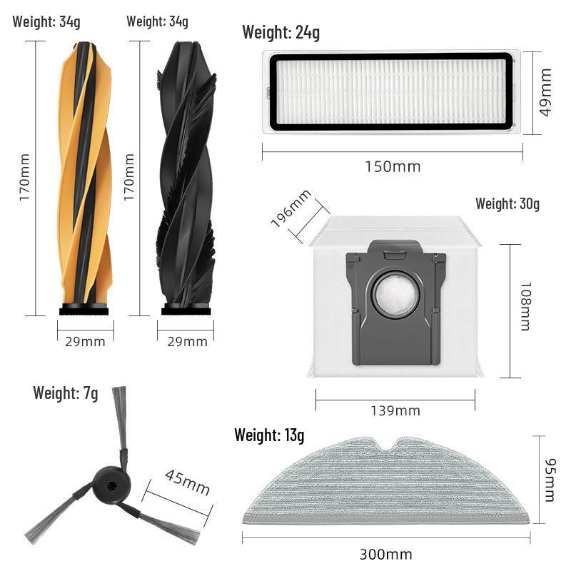 Dreame D20 Pro Plus Staubsaugerzubehör: Hauptbürste, Seitenbürste, Filter, Staubbeutel, Wischmopp.