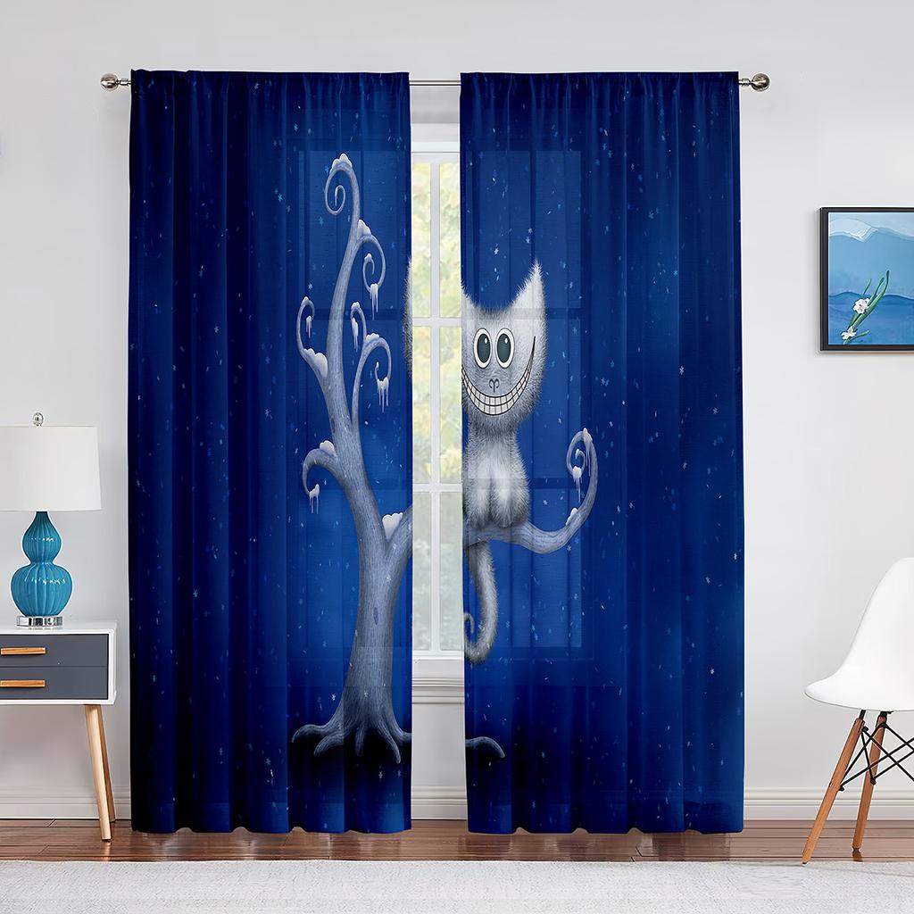 Niedliche Katze Goldfisch Fantasy Kunst Bunte Tüllvorhänge für Heimfensterdeko Schlafzimmer Küche Modern Chiffon Transparent Voile Vorhang