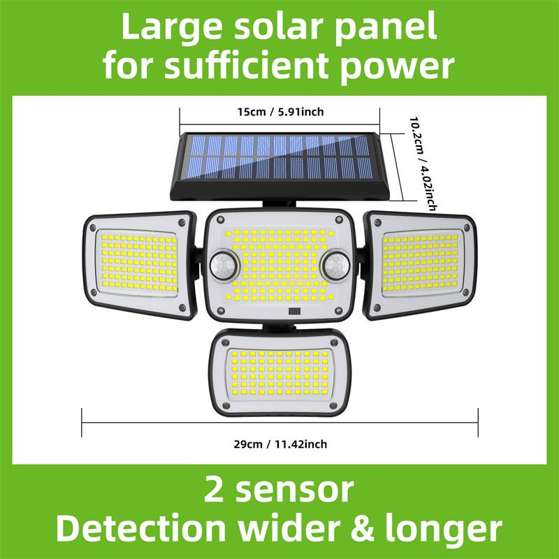 Solar Lights Outdoor, 342 LED Cordless Solar Motion Sensor Lights, 4 Heads 360° Wide Lighting Angle Security LED Flood Light