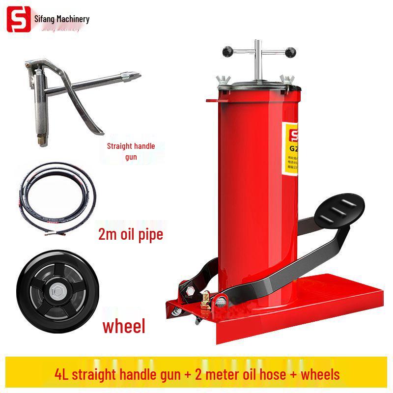 

Foot-operated high-pressure grease gun with flexible hose, available in 4L, 6L, and 10L capacities for universal industrial use.