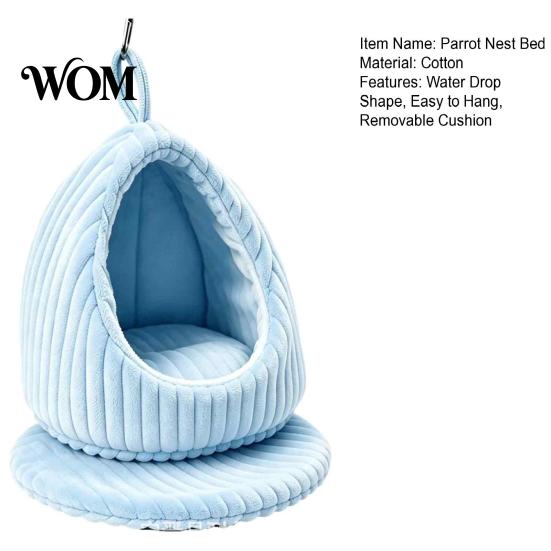 Pet Bird Resting Hut Hanging Parrot Nest Bed, Winter Striped Plush Water Drop Shape Cold Weather Cozy Cave Bed with Removable Cushion, Cage