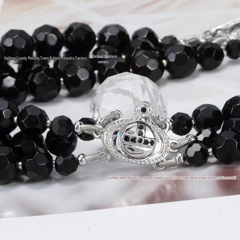 Empress Dowager Saturn Necklace: Punk Black Agate & Diamond Layered Choker for Women