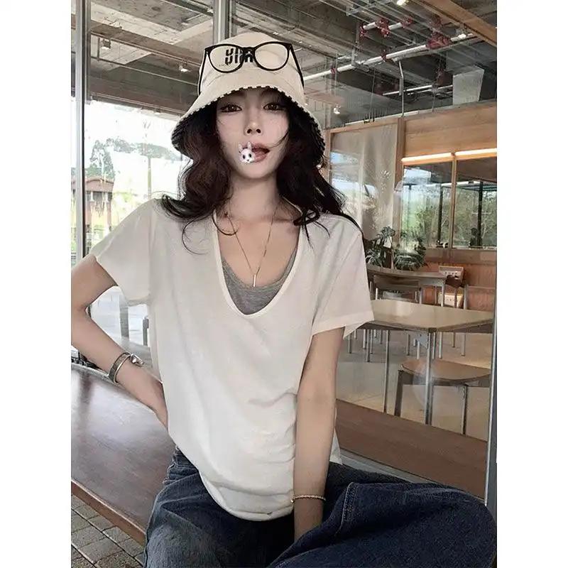 Spring Summer Women Fake Two Piece T Shirt Deep V Neck Contrast Color Snowflake Cotton Casual Slim Fit Short Sleeve Tee Tops