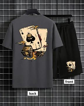 American men's summer fashion poker graffiti print comfortable breathable round neck T-shirt shorts set outdoor streetwear