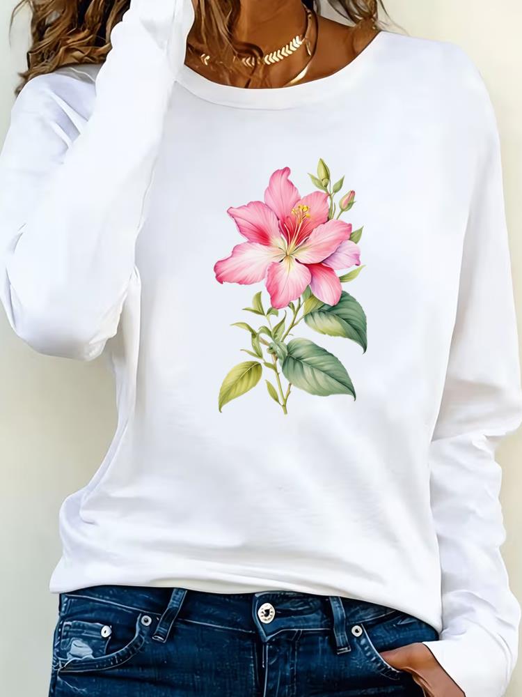 (Asian Size) flower style Clothing Casual  Tee Lady Printed o-neck Long Sleeve T Shirt Women Female Fashion Top Graphic T-shirts