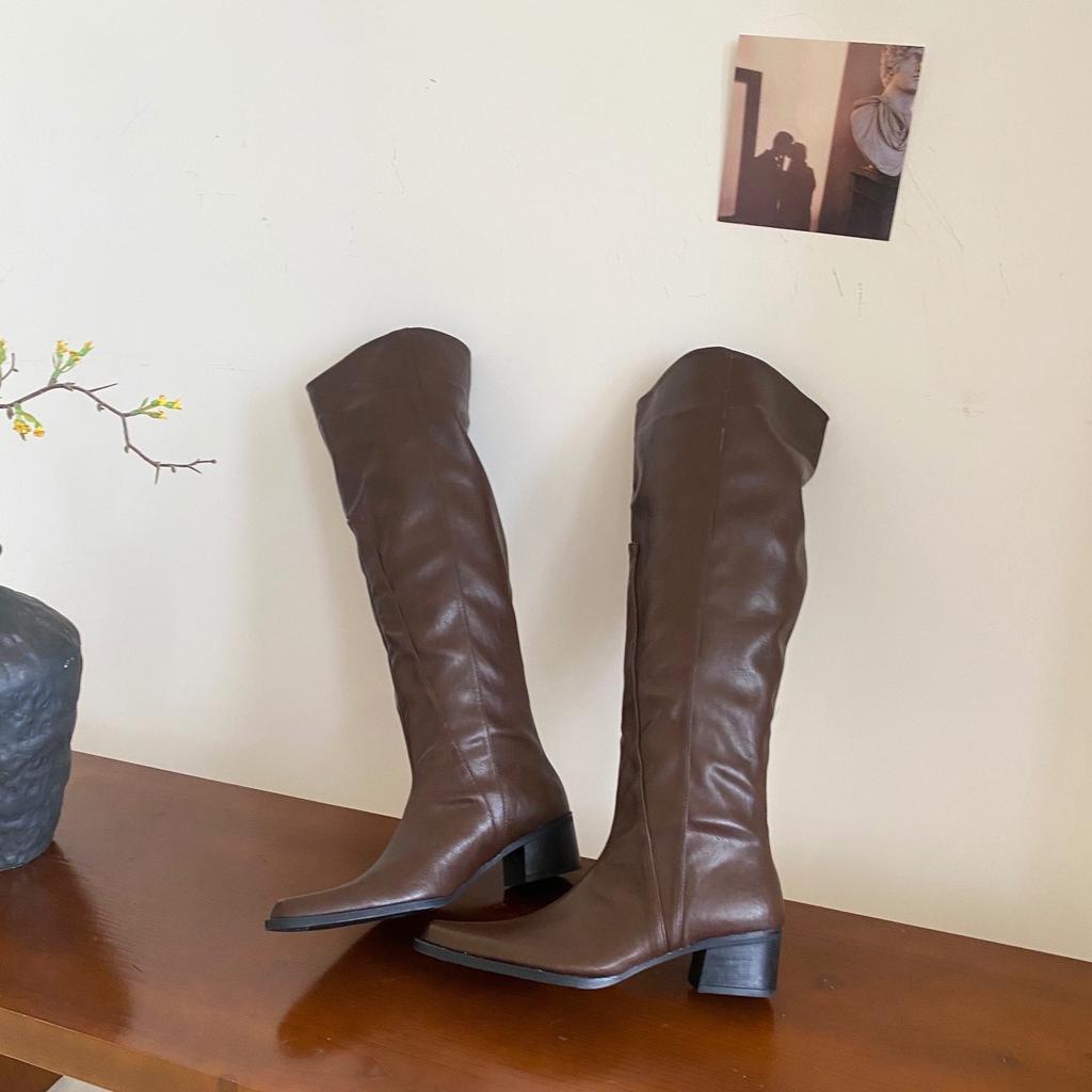 Thick heel pleated stack long tube knight boots women's shoes 2025 European and American autumn and winter new western stack medium tube long boots