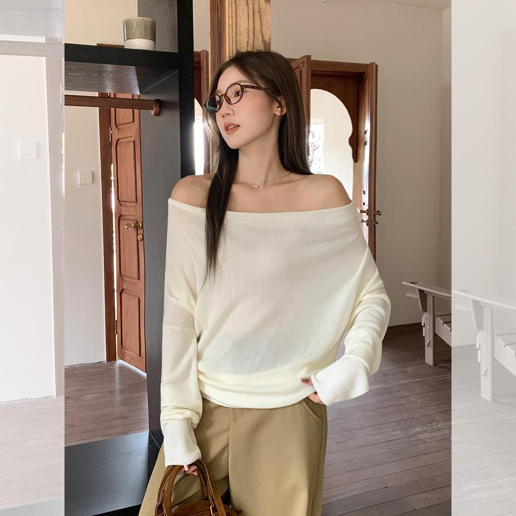 Solid Color Swinging Collar One-word Shoulder Long-sleeved Knitted Women's Off-the-shoulder Base, Inner Cover, Early Autumn Wear
