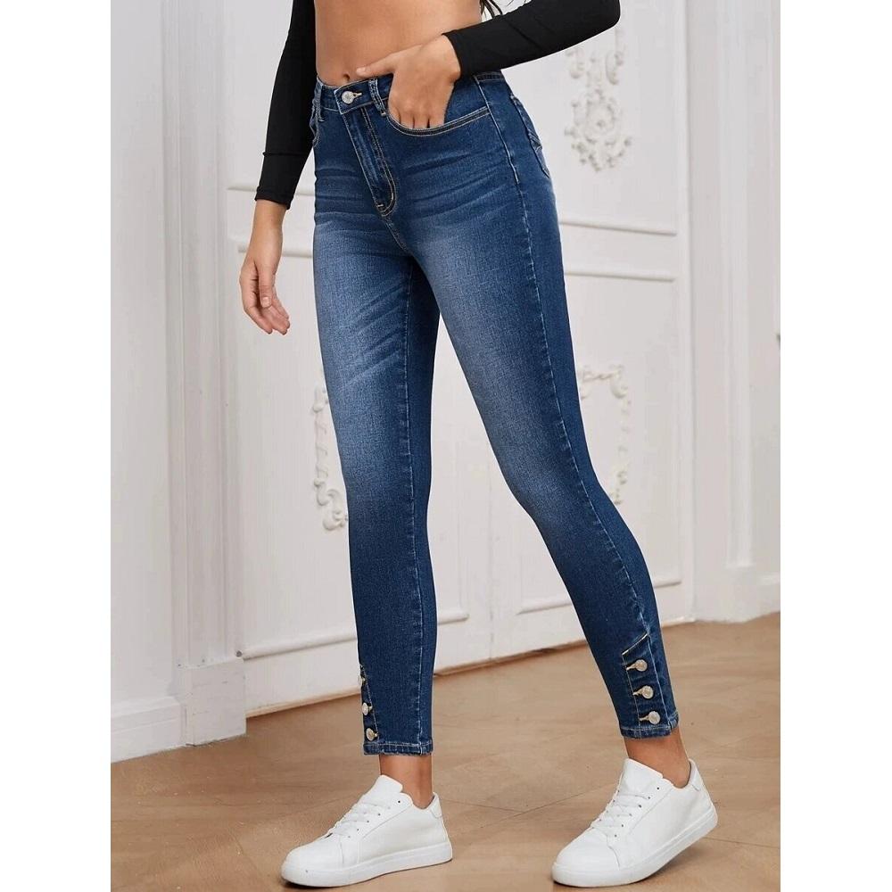Women Stretch Denim Jeans Solid Color Skinny Pencil Pants Ladies Pockets Zipper Button Jean Trousers