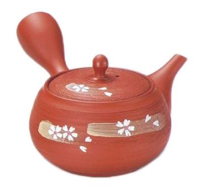 Tokoname-Keramik 3-29 Frühling und Herbst, Nr. 17 Rote Ton-Kama-förmige Teekanne mit Kirschblüten-Obi, Netzdesign, AM-T023