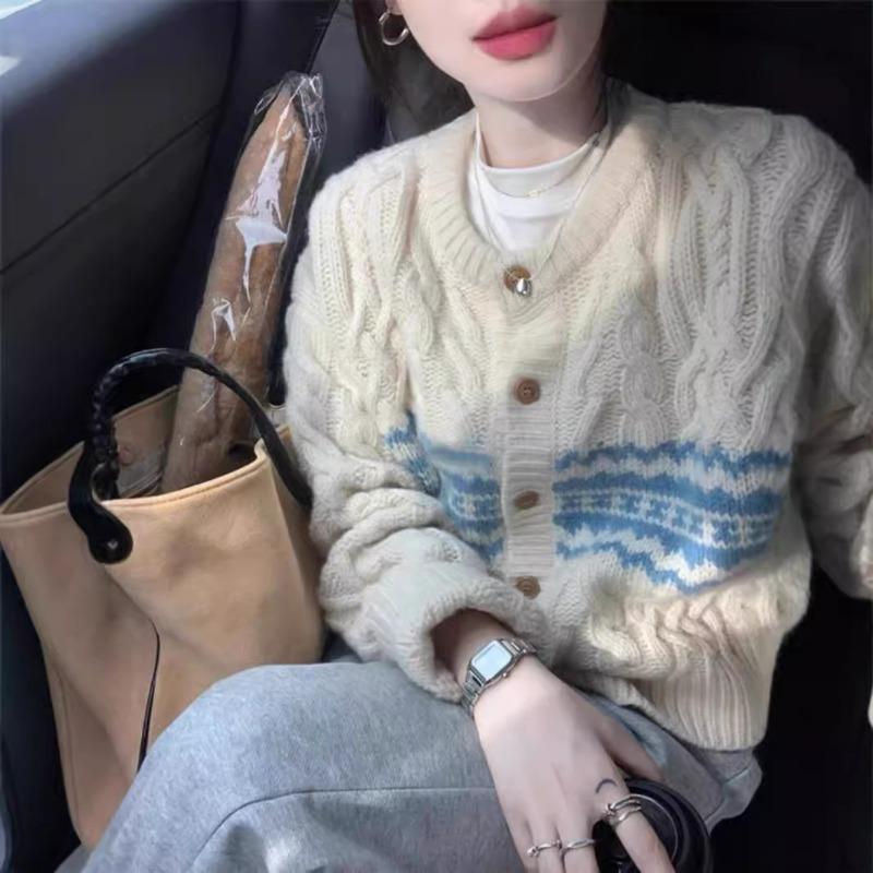 Soft waxy retro twist knitted cardigan for women with autumn and winter new college style single-breasted loose sweater jacket