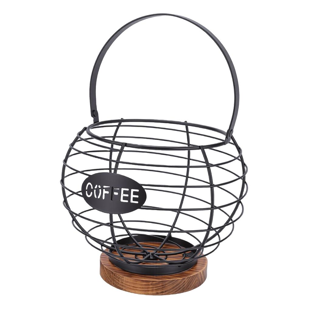 Coffee Pod Holder Organizer Metal Grid Coffee Pod Storage Basket with Wooden Base for Kitchen Counter Desktop