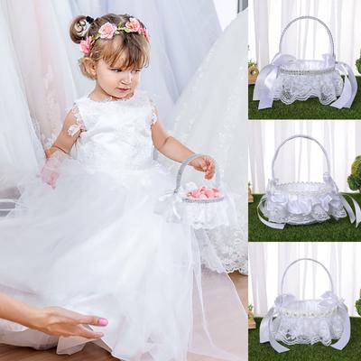 Flower Boy Girl Scattering Flowers Flowers Basket White Lace Pearl Bowknot Flower Baskets