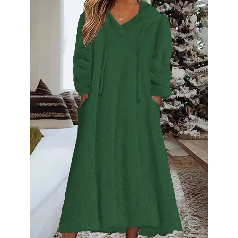 New Autumn Winter Casual Plush Hooded Long Sleeve Dress For Women Warm Home Wear Everyday Comfort Loose Maxi Dresses Robe Femme