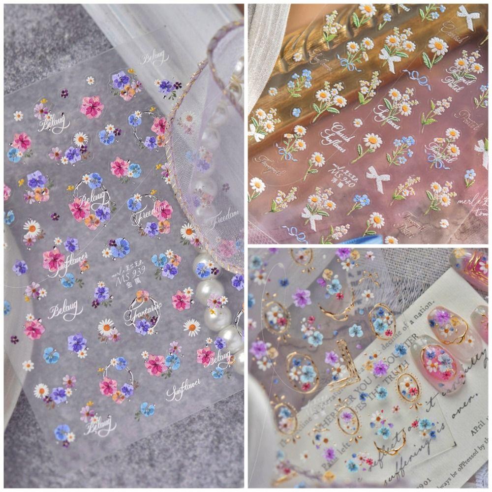 Daisies Sunflower Wildflowers Spring Embossed Nail Stickers Waterproof Self-adhesive 3D Nail Art Decals Gold and Silver