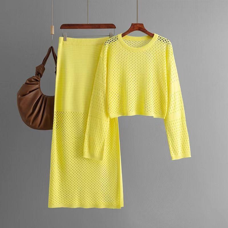 European and American Summer Hollow Knit Skirt Two-piece Set Hollow Knit Top and Skirt Set