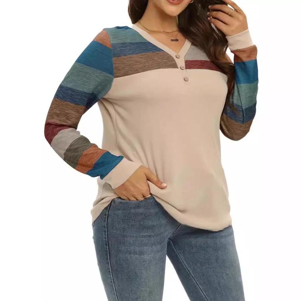Plus Size Women's Striped Patchwork V-Neck Long Sleeve T-Shirt for Spring & Autumn