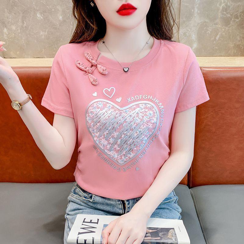 Large size retro button short-sleeved t-shirt women s new summer fashion versatile age-reducing printed new Chinese top S розовый