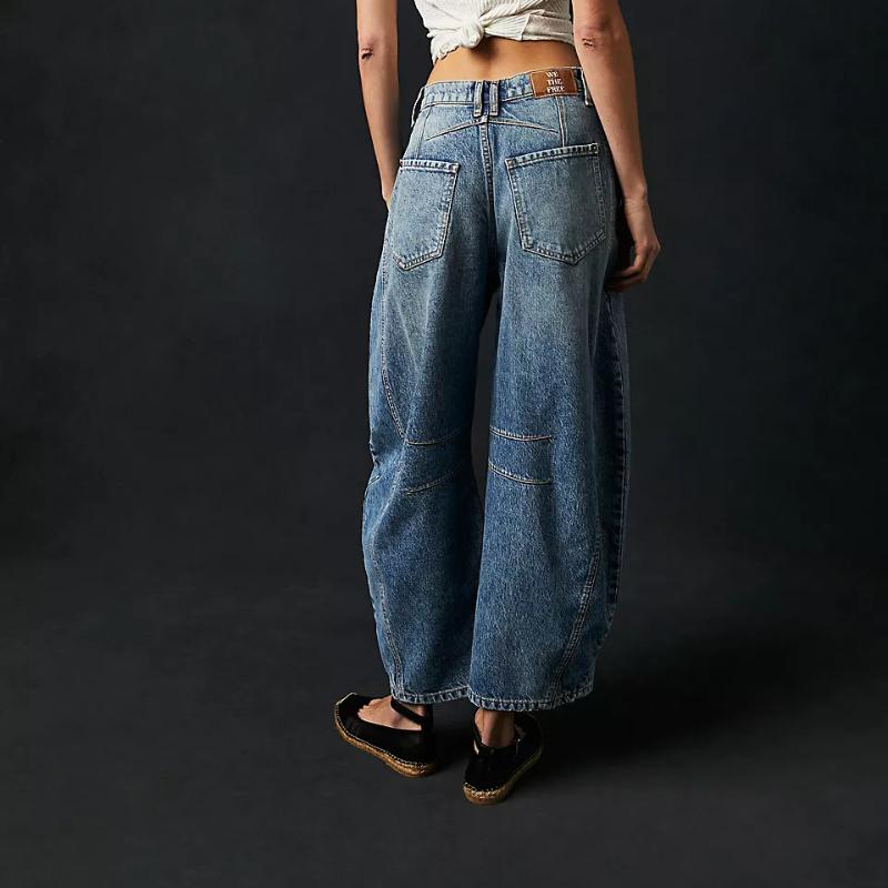 GMXIA Calças largas femininas casuais da moda, calças jeans lavadas de cintura média