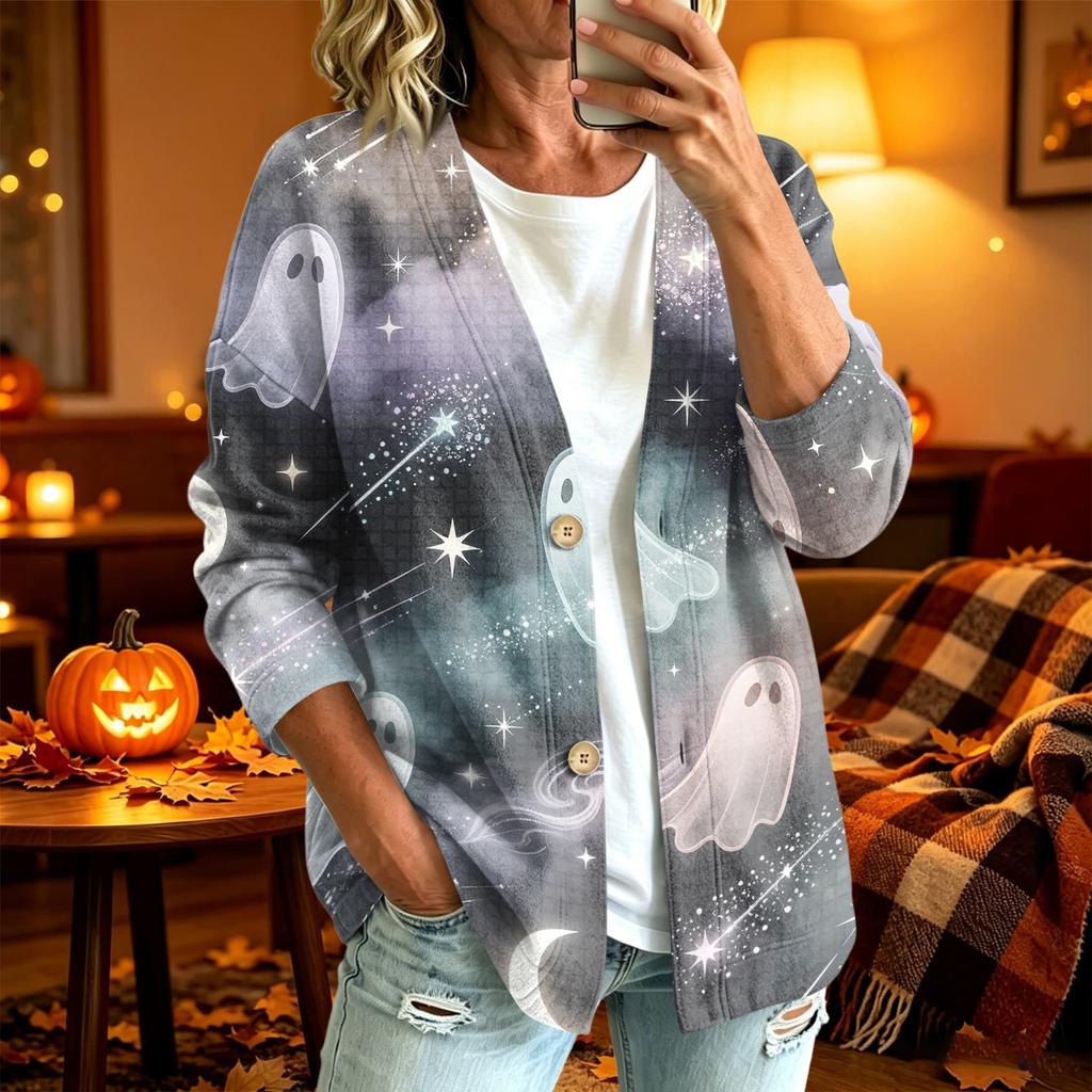 Women's Casual Long Sleeve Jacket with Halloween Print for Fall Daily Wear