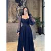 New Lace Waist Cinched Long Sleeve Maxi Dress, Elegant Evening Party Gown, European Style Long Dress for Women