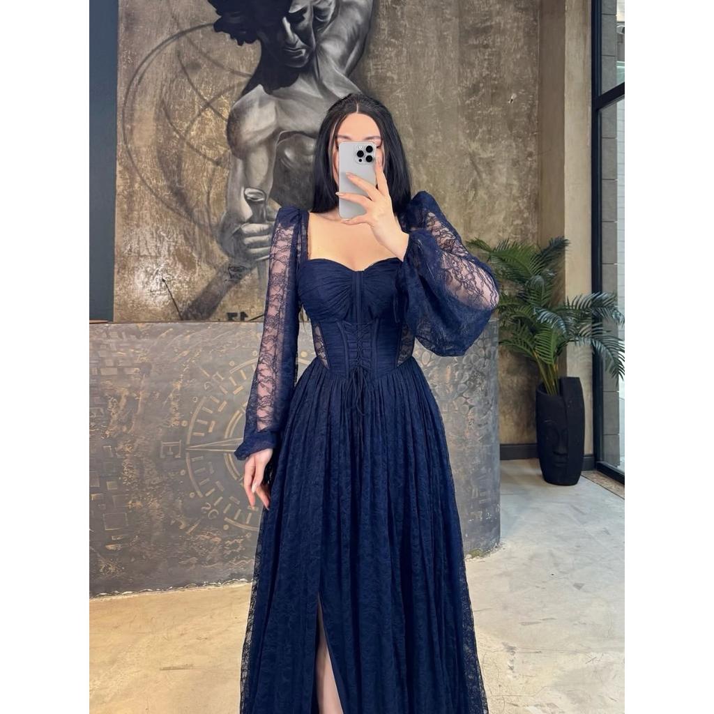 New Lace Waist Cinched Long Sleeve Maxi Dress, Elegant Evening Party Gown, European Style Long Dress for Women