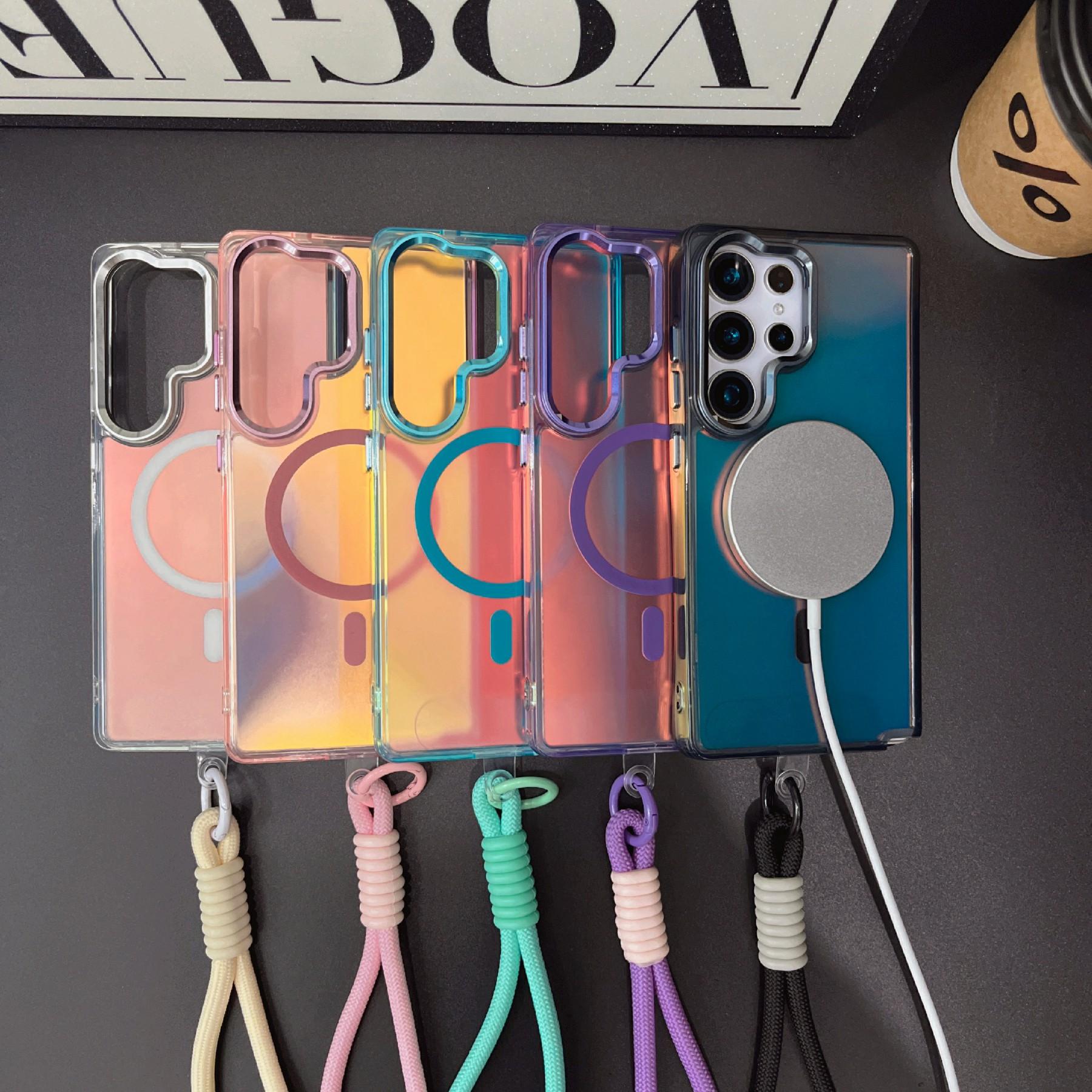 

For Samsung Galaxy S25 Ultra Case Compatible with Magsafe Electroplated Laser TPU+PC Phone Cover with Wrist Strap Colorful Purple