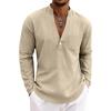 Loose-fit, breathable men’s casual linen shirt with a wide V-neck and a stand-up collar, ideal for outdoor wear
