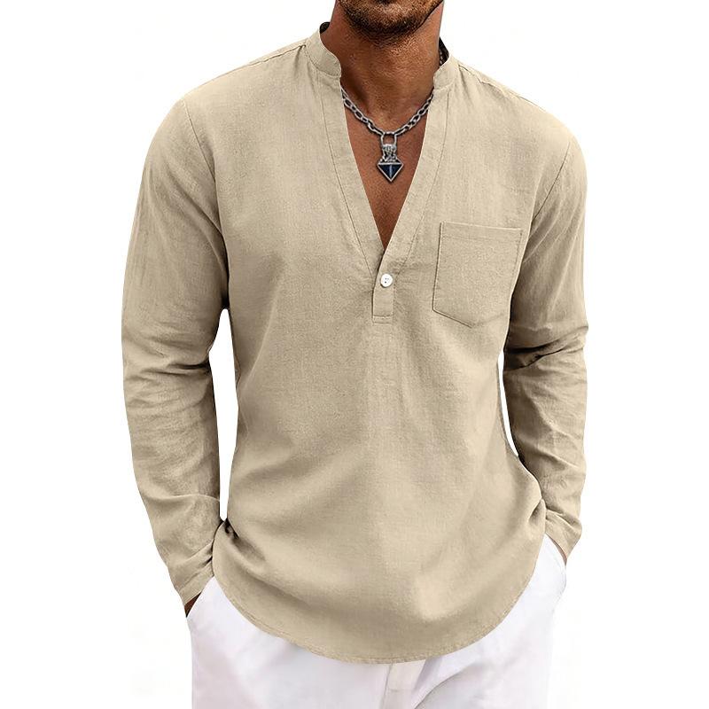 Loose-fit, breathable men’s casual linen shirt with a wide V-neck and a stand-up collar, ideal for outdoor wear
