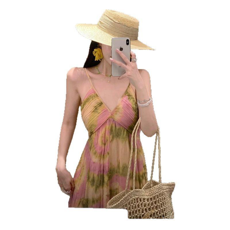 Holiday Style Print Neck Sling Dress Women's Island Beach Photo Long Skirt